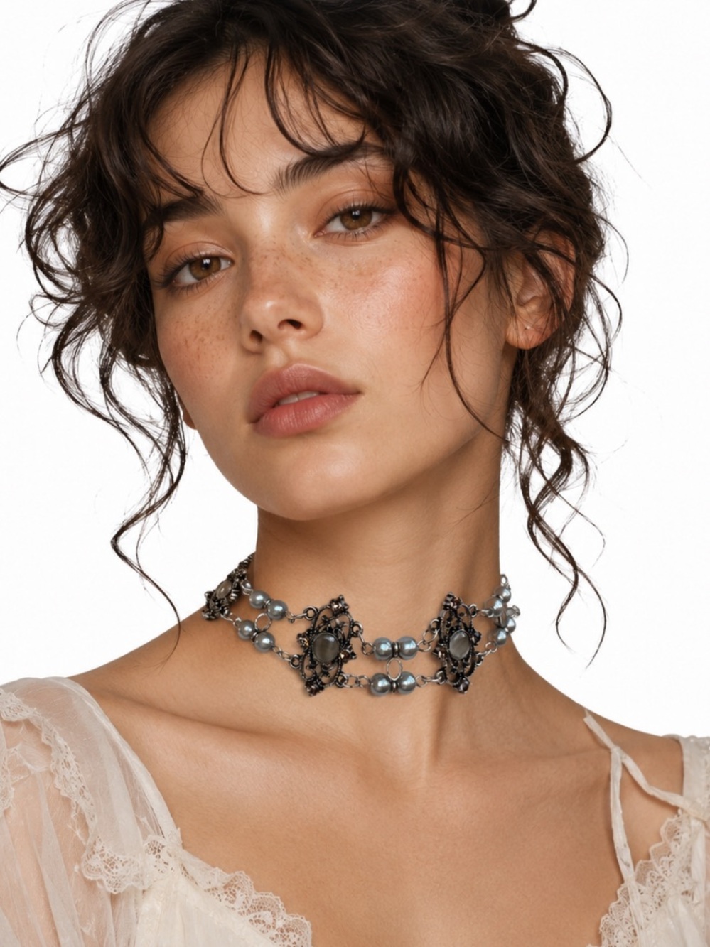 Victorian Gothic Double Layer Gray Pearls Choker Necklace